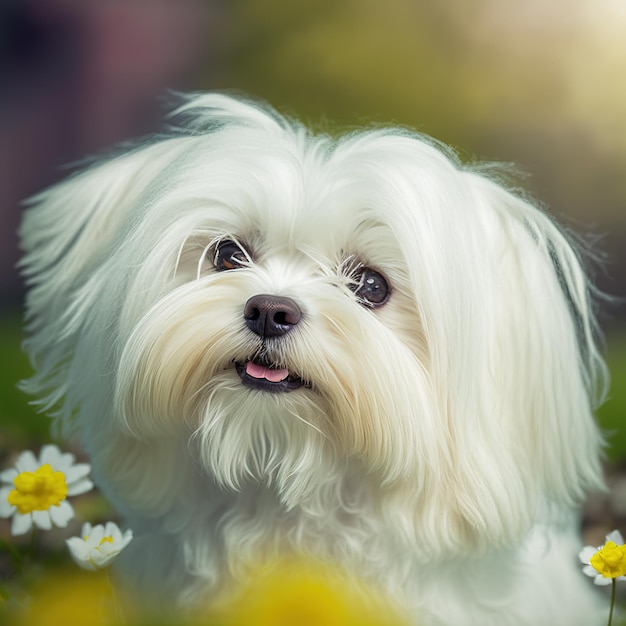 Perro maltés realista sobre un deslumbrante fondo natural al aire libre