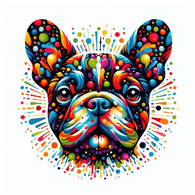 Foto un perro con manchas coloridas y una cara colorida está dibujado por puntos coloridos