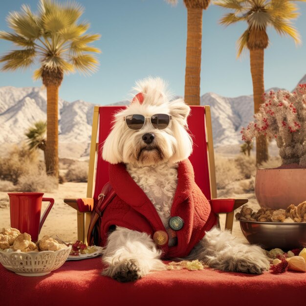 un perro con una manta roja y gafas de sol sentado en una silla con comida y un cuenco de