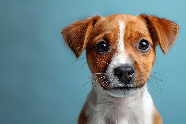 Perro marrón y blanco con fondo azul