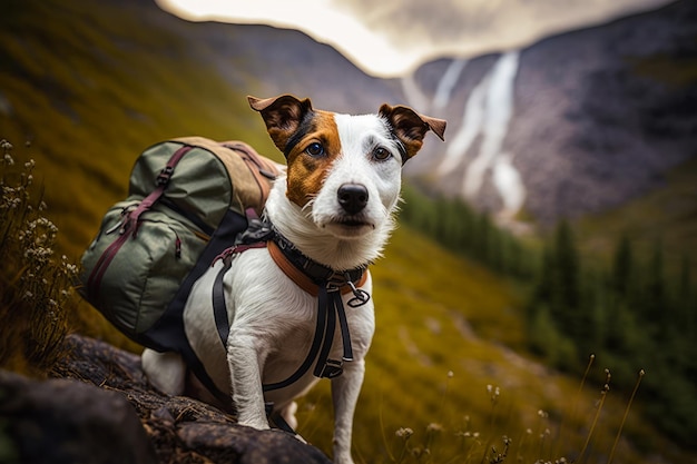 Foto perro marrón y blanco con mochila en la espalda de pie sobre una roca en las montañas ia generativa