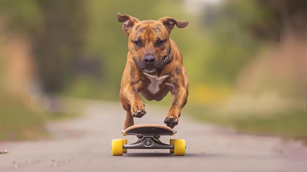 Un perro marrón y blanco patinando en una patineta amarilla El perro tiene una mirada determinada en su cara y está rodeado por un borrón de árboles