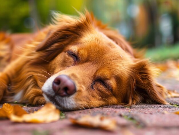 Un perro marrón durmiendo en el suelo con hojas