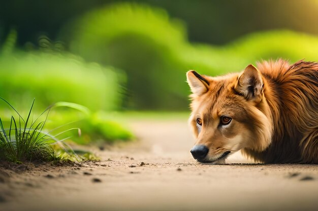 un perro marrón está acostado en la tierra con un fondo verde