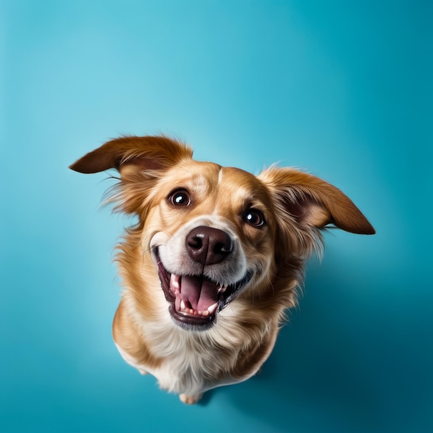 Perro marrón con una gran sonrisa en la cara contra un fondo azul