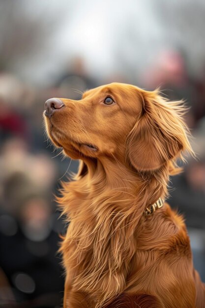 Perro marrón mirando hacia el cielo