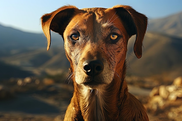 un perro marrón con una nariz negra y un perro marró con una naricada negra y un cielo azul en el fondo