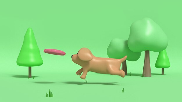 Perro marrón que corre y que vuela la representación 3d del disco