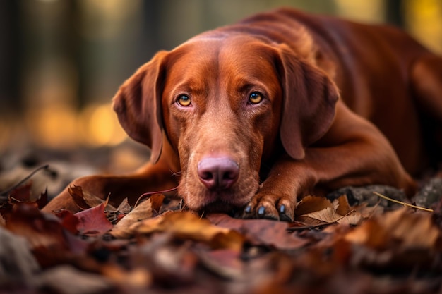 Un perro marrón tirado en el suelo con hojas