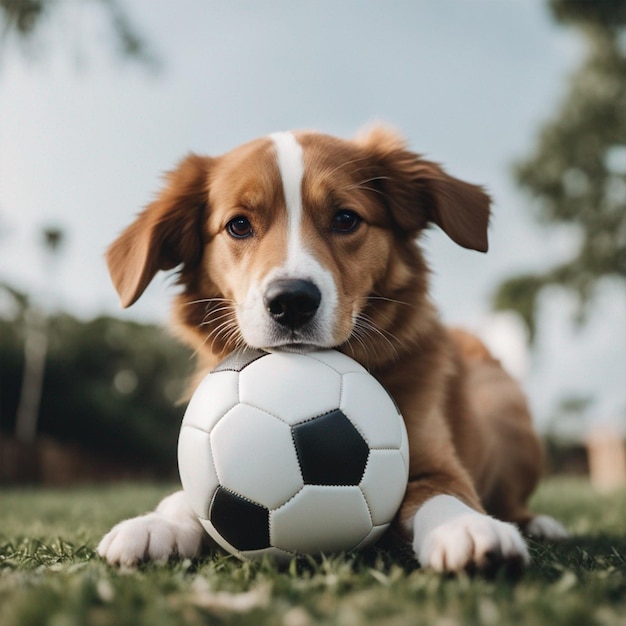 El perro más lindo jugando con el fútbol ai generataed
