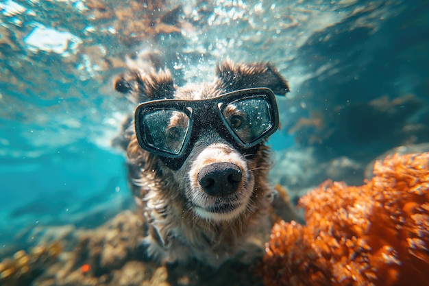 Un perro con una máscara negra y gafas bajo el mar