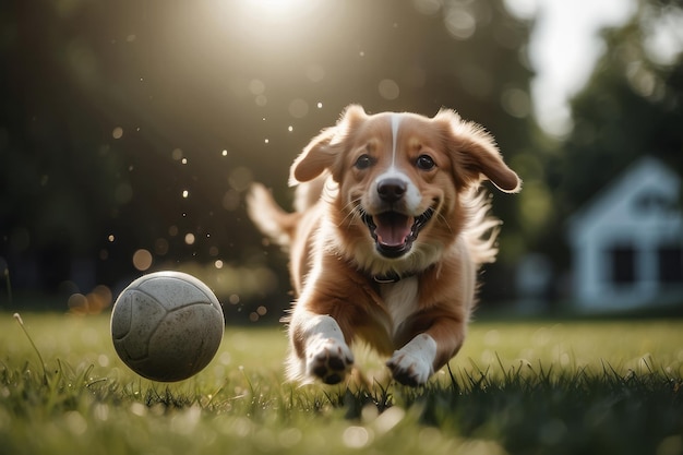 Perro de mascota alegre y juguetón corriendo en la hierba y jugando con la pelota Perrito jugando al aire libre en el parque