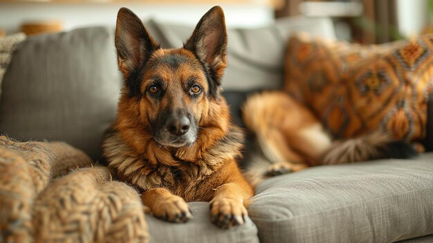 El perro de mascota favorito yace en el sofá de la sala de estar cuidado de mascotas