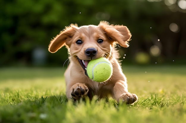 Perro de mascota feliz jugando con una pelota en el césped verde