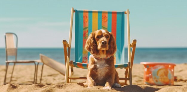 Perro mascota gafas de sol playa perezosa silla de vacaciones relajarse divertido verano IA generativa