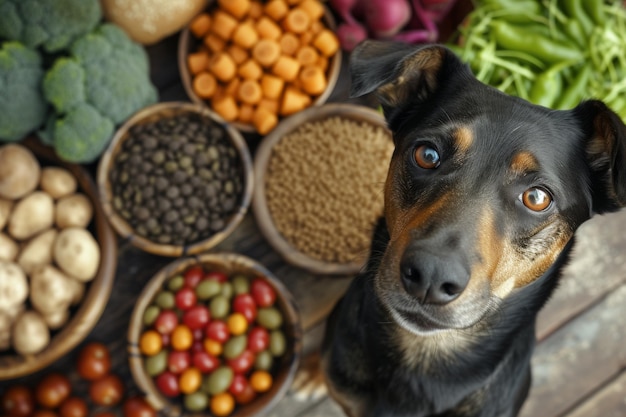 Foto perro de mascota lindo rodeado de deliciosa comida sana y saludable ia generativa