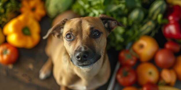 Perro de mascota lindo rodeado de deliciosa comida sana y saludable IA generativa