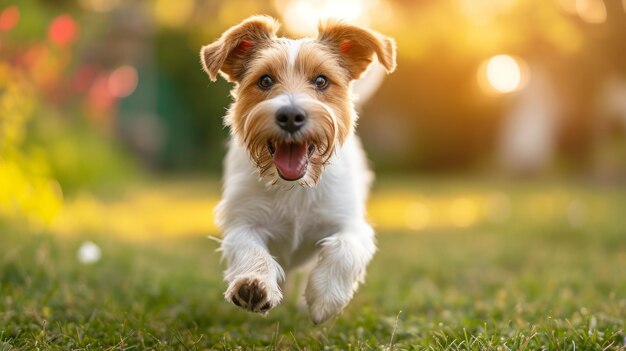 Un perro mascota saltando alegremente por el patio trasero pura felicidad en sus ojos