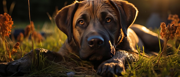 Foto un perro mastiff sereno disfrutando de la luz dorada del atardecer