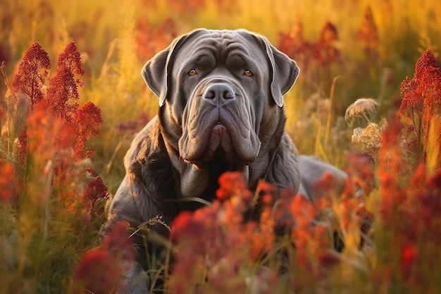 Perro mastín napolitano sentado en un prado rodeado de vibrantes flores silvestres y hierba en un día soleado generado por ai