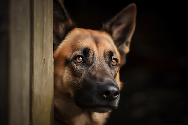 Un perro mira a la cámara por una puerta.