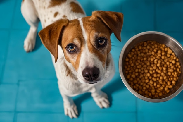 El perro mira fijamente a la cámara mientras está de pie junto a su cuenco de comida