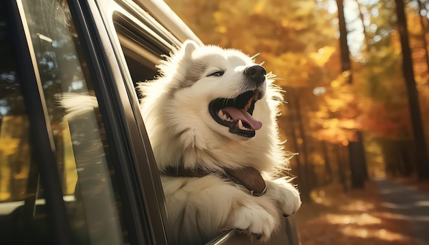 Un perro mira por la ventanilla de un coche en un día de otoño