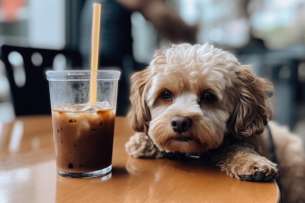 Perro con mirada soñolienta sosteniendo una IA generativa de café helado