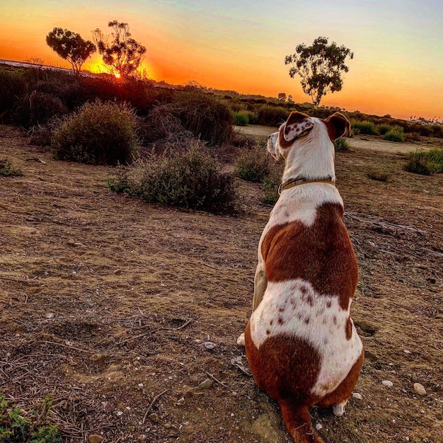 Foto perro mirando hacia el campo durante la puesta de sol