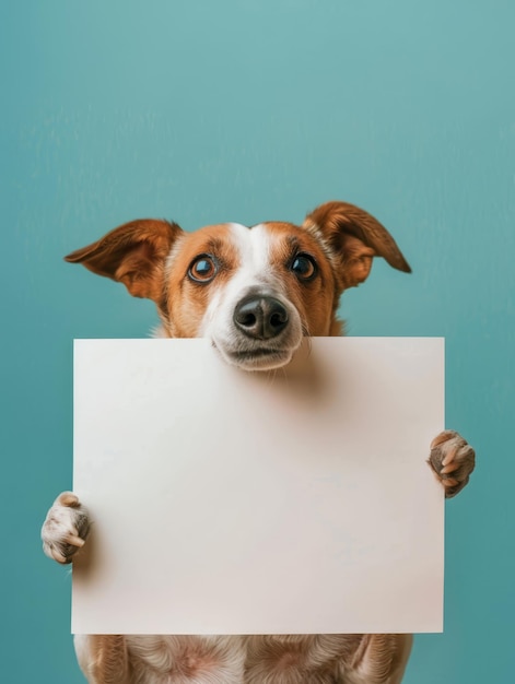 Foto un perro está mirando un letrero en blanco que dice 