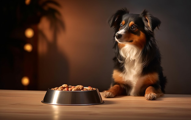 Un perro mirando un plato de comida para perros.