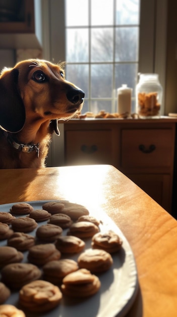 Un perro mirando un plato de galletas en una mesa con una ventana al fondo.
