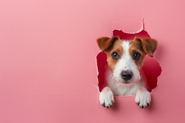 Perro mirando a través de un agujero rasgado en un fondo de papel rosa