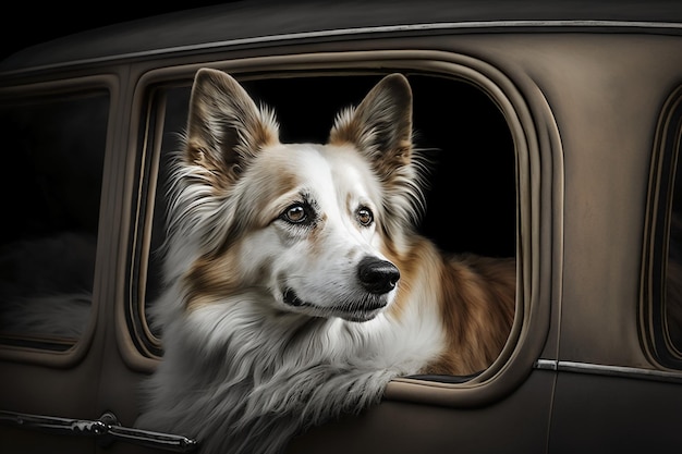 Un perro mirando por la ventana de un auto con un fondo negro.