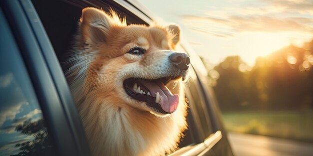 Perro mirando por la ventanilla del coche en movimiento en la carretera