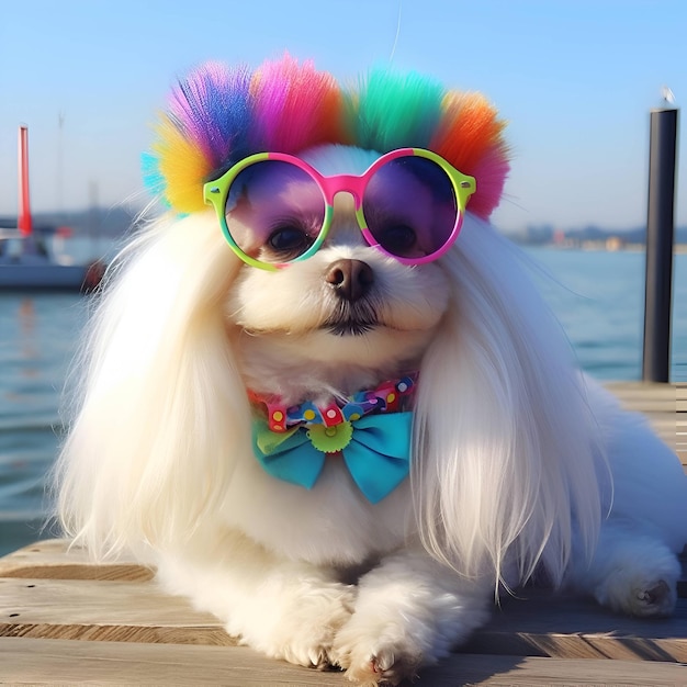 Perro de moda con peluca y gafas de colores
