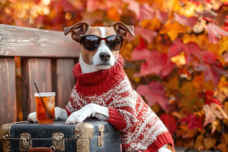 Perro de moda con suéter y gafas de sol disfrutando de una bebida en una cubierta de madera rodeado