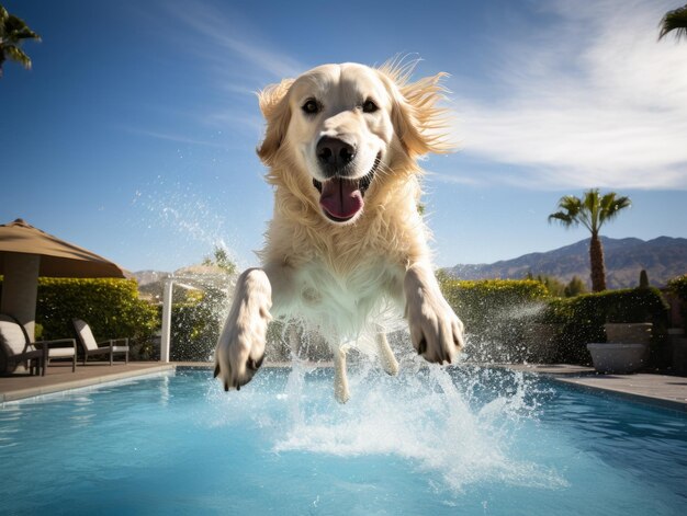 Perro mojado y alegre saltando a una piscina en un caluroso día de verano