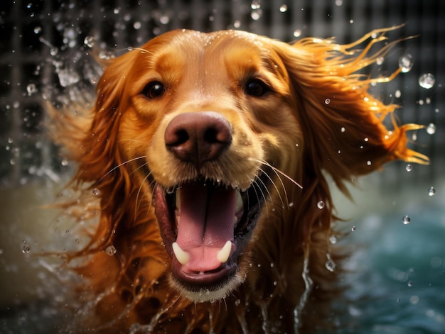 Perro mojado y alegre saltando a una piscina en un caluroso día de verano