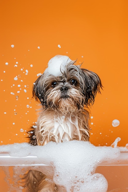 Foto el perro está mojado en la bañera con espuma en la cabeza las mascotas están lavadas