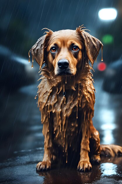 Perro mojado sin hogar con ojos tristes en la calle bajo la lluvia