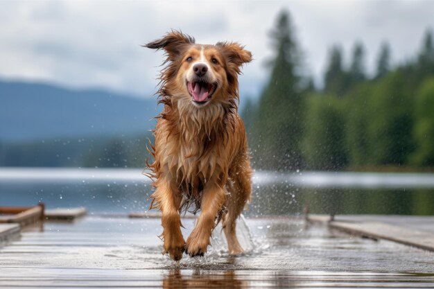 Perro mojado sacudiendo en un muelle, lago o río en el fondo creado con AI generativo