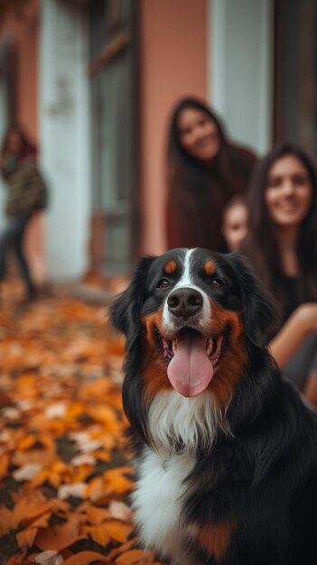 Perro de montaña bernese con amigos en el fondo