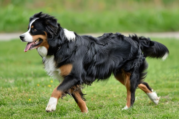 Perro de montaña bernese vista lateral de un animal alegre y hermoso