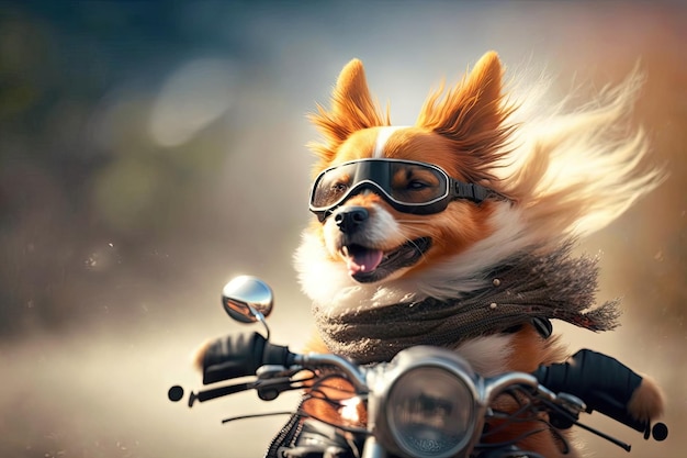 Perro montando en moto con viento en el pelaje y la nariz