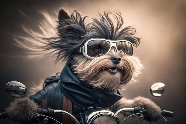 Perro montando en moto con viento en el pelaje y la nariz