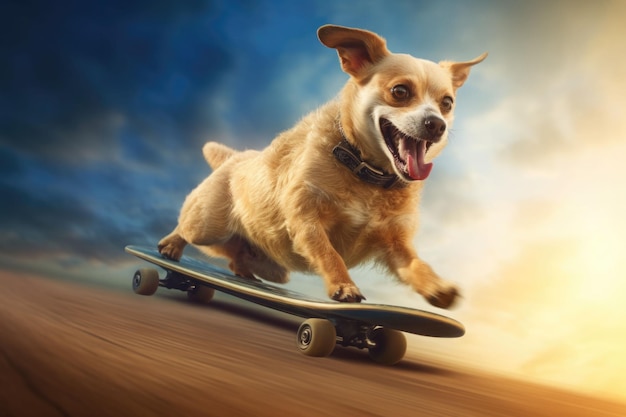 Perro montando muy rápido con velocidad una patineta como patinador IA generativa