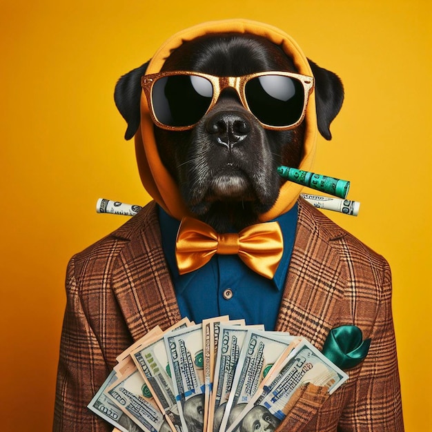 Foto un perro con un montón de dinero en la boca y un montón