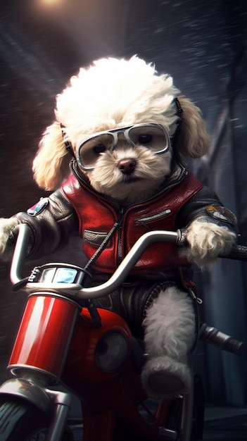 Un perro en una motocicleta con una chaqueta que dice 'motociclista'