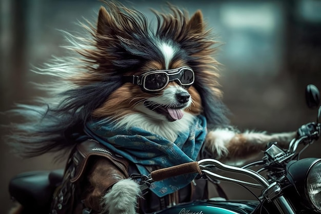 Perro motorista montando en motocicleta con viento en su pelaje